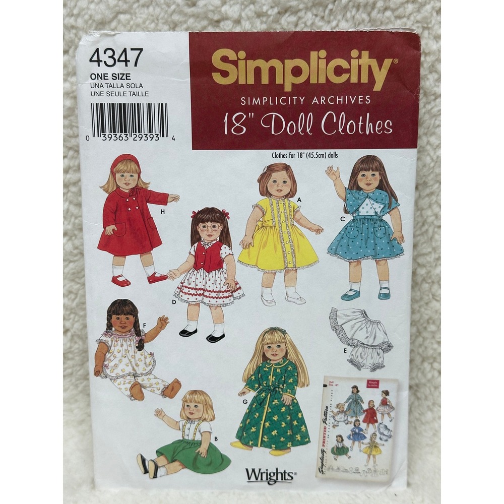 Simplicity 4347 Doll Clothes Pattern 18 Inch Wardrobe Dress Coat Pajamas Hat Cut